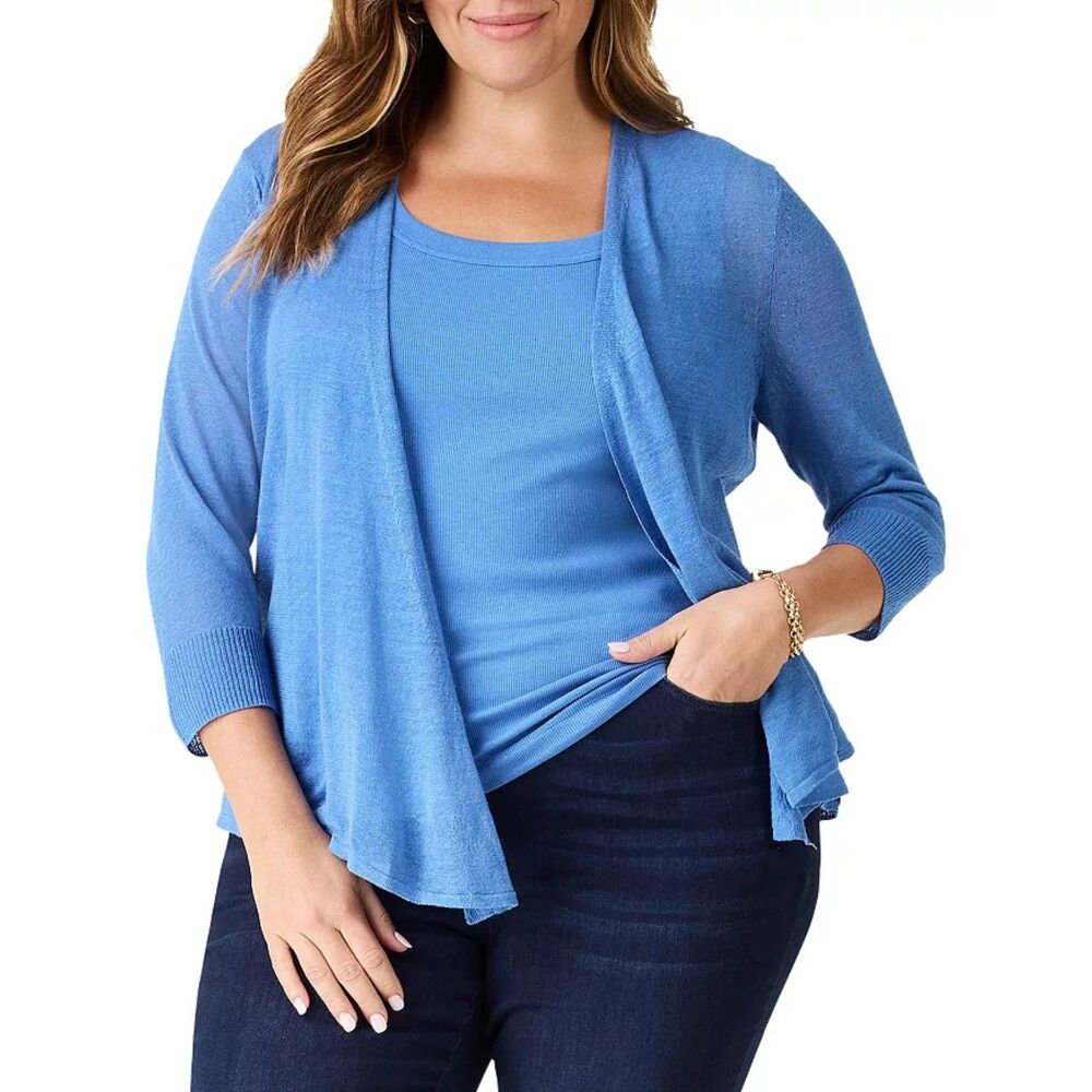 NIC+ZOE Plus 4 Way Cardigan 1X Blue Linen Blend Travel Knit Quiet luxury Office